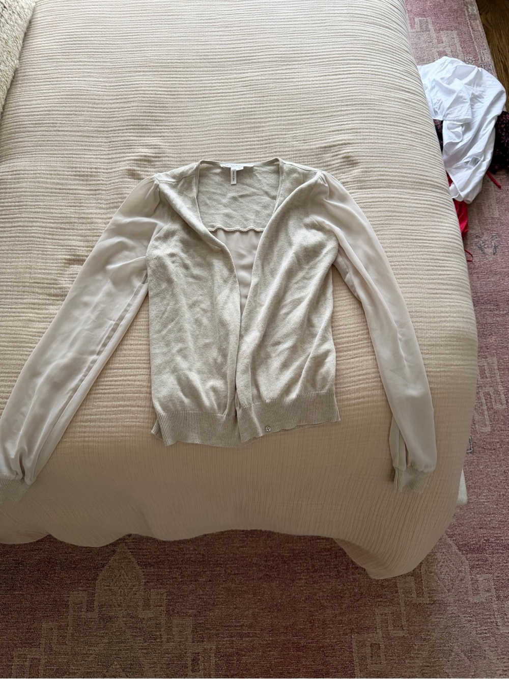 BCBGeneration Cream Open-Front Cardigan with Sheer Long Sleeves